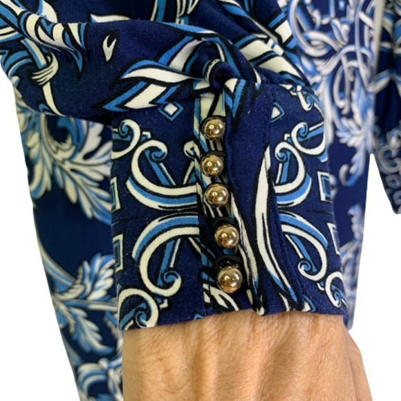 CACHE Navy Blue & White Filigree Print Long Sleeve Dress - Picture 7 of 11